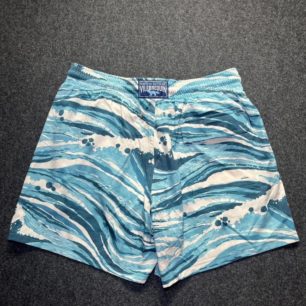 Maison Kitsune Vilebrequin Swim Trunks Mens L Blue NWT Moorise Wave Print Shorts